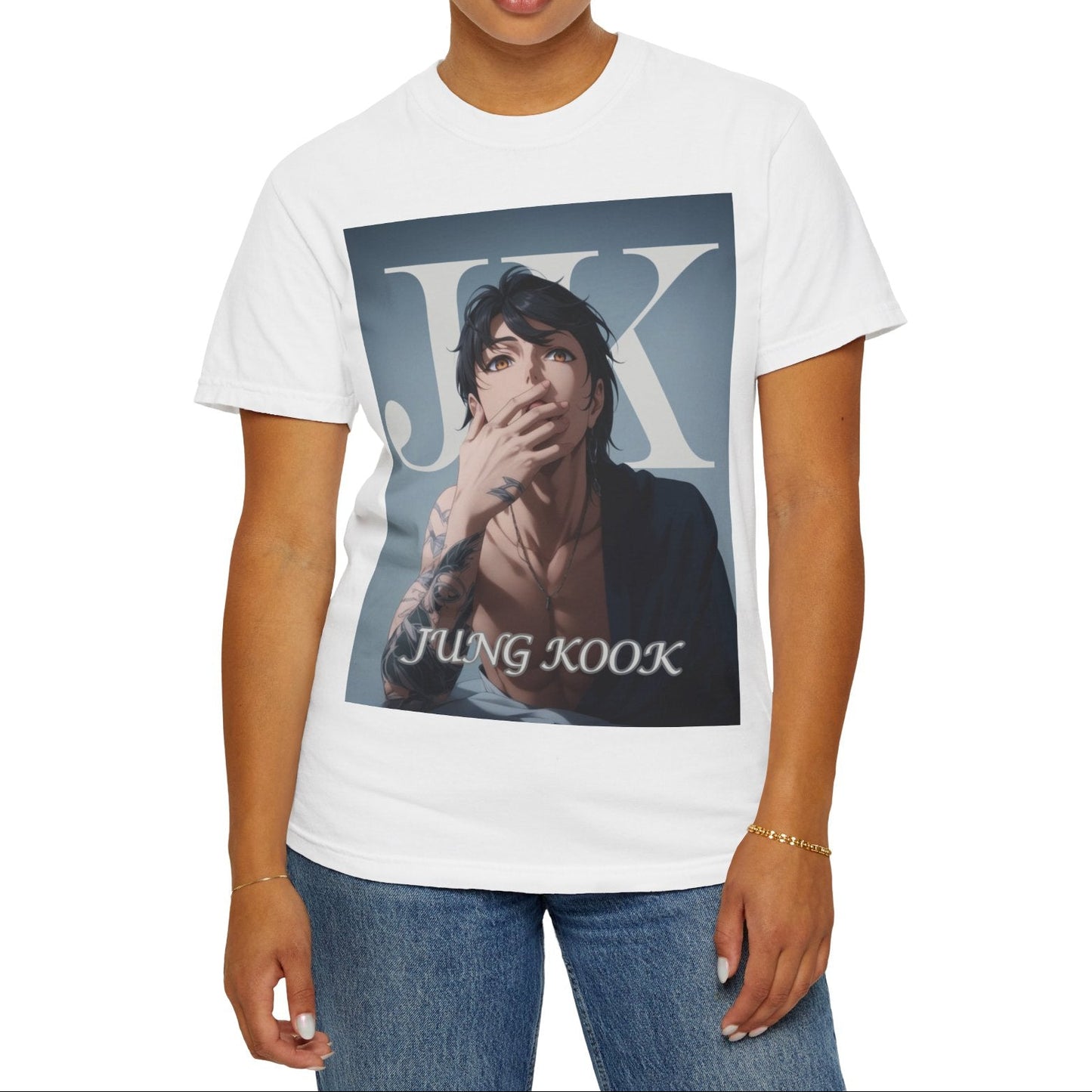 Anime-style unisex T-shirt in white, featuring Jungkook, blending K-pop stage presence with anime aesthetics. The design captures his intense gaze, flowing hair, and striking composition, creating a fusion of two beloved art forms. Printed on soft, breathable ring-spun cotton for comfort and style. ModeK Vetements.