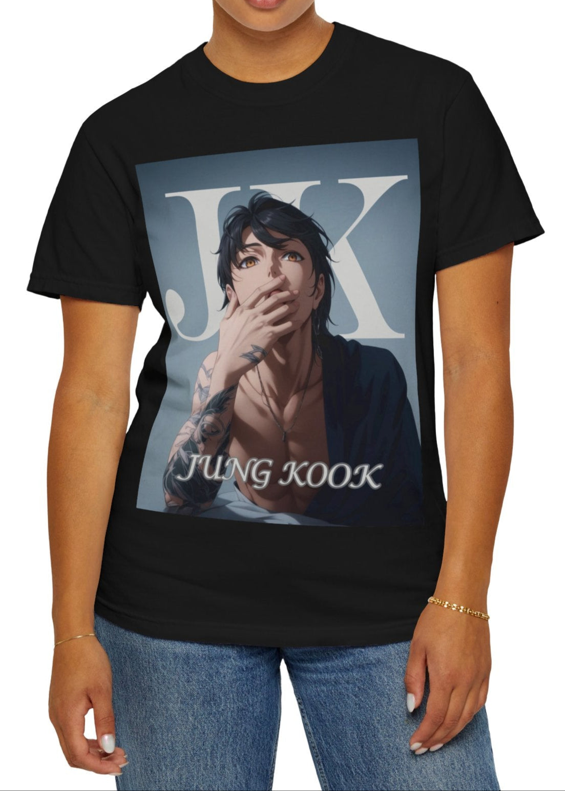 Anime-style unisex T-shirt in black, featuring Jungkook, blending K-pop stage presence with anime aesthetics. The design captures his intense gaze, flowing hair, and striking composition, creating a fusion of two beloved art forms. Printed on soft, breathable Airlume cotton for comfort and style. ModeK Vetements.
