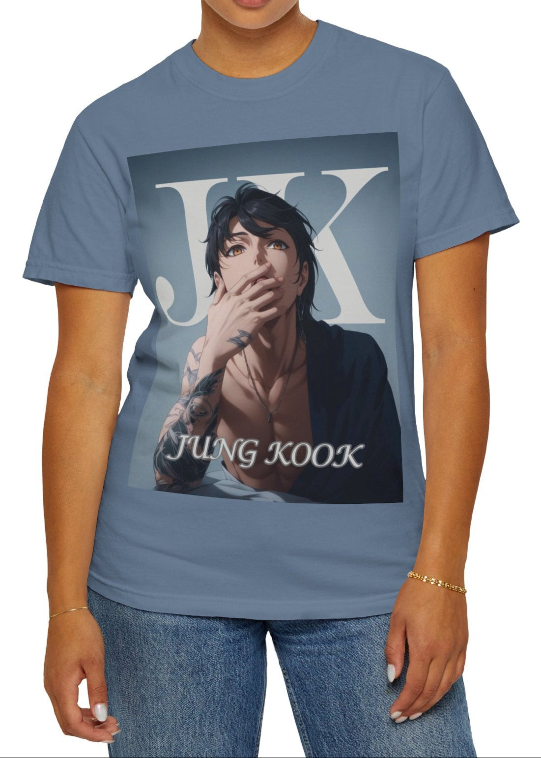 Anime-style unisex T-shirt in blue jean, featuring Jungkook, blending K-pop stage presence with anime aesthetics. The design captures his intense gaze, flowing hair, and striking composition, creating a fusion of two beloved art forms. Printed on soft, breathable Airlume cotton for comfort and style. ModeK Vetements.