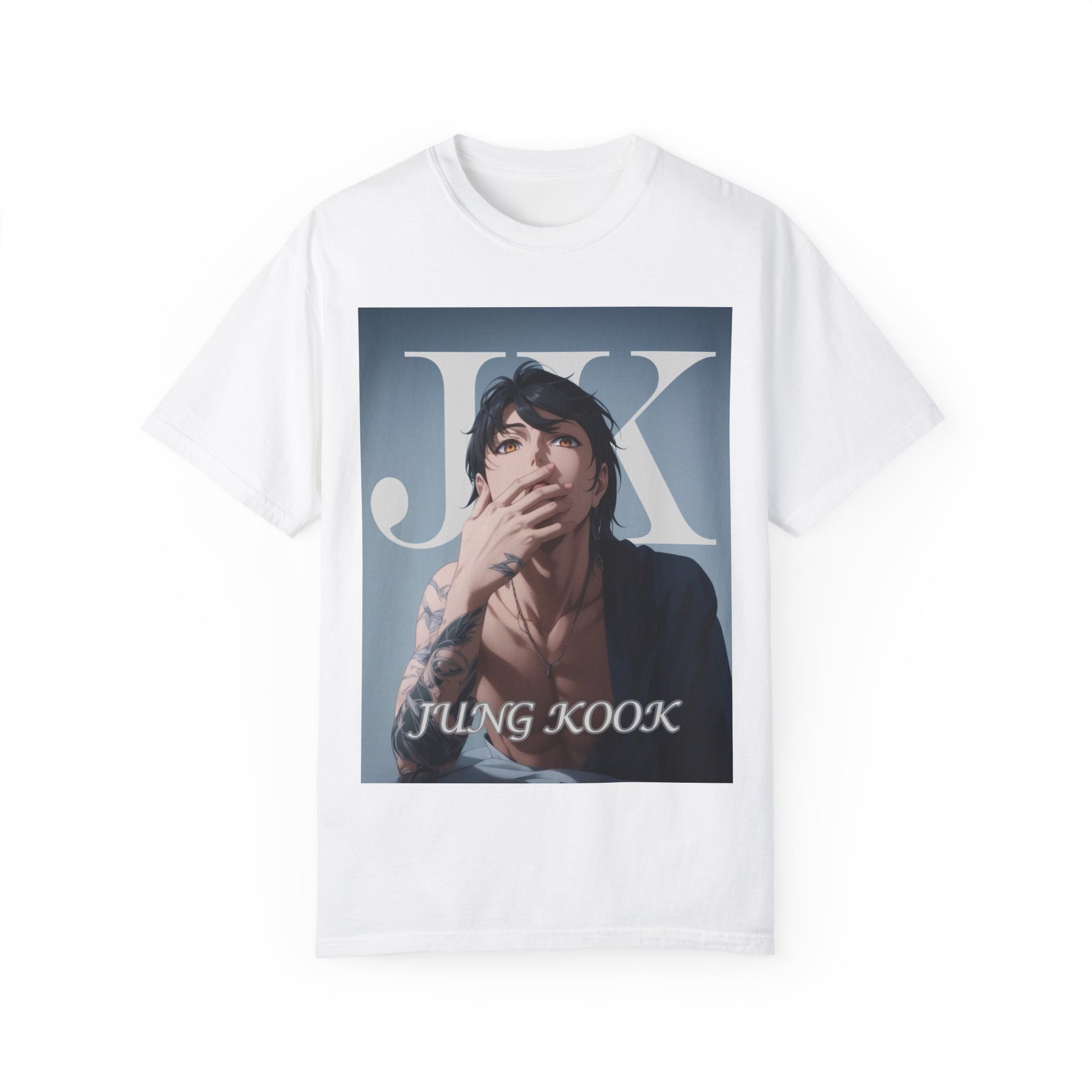 Flat anime-style unisex T-shirt in white, featuring Jungkook, blending K-pop stage presence with anime aesthetics. The design captures his intense gaze, flowing hair, and striking composition, creating a fusion of two beloved art forms. Printed on soft, breathable Airlume cotton for comfort and style. ModeK Vetements.