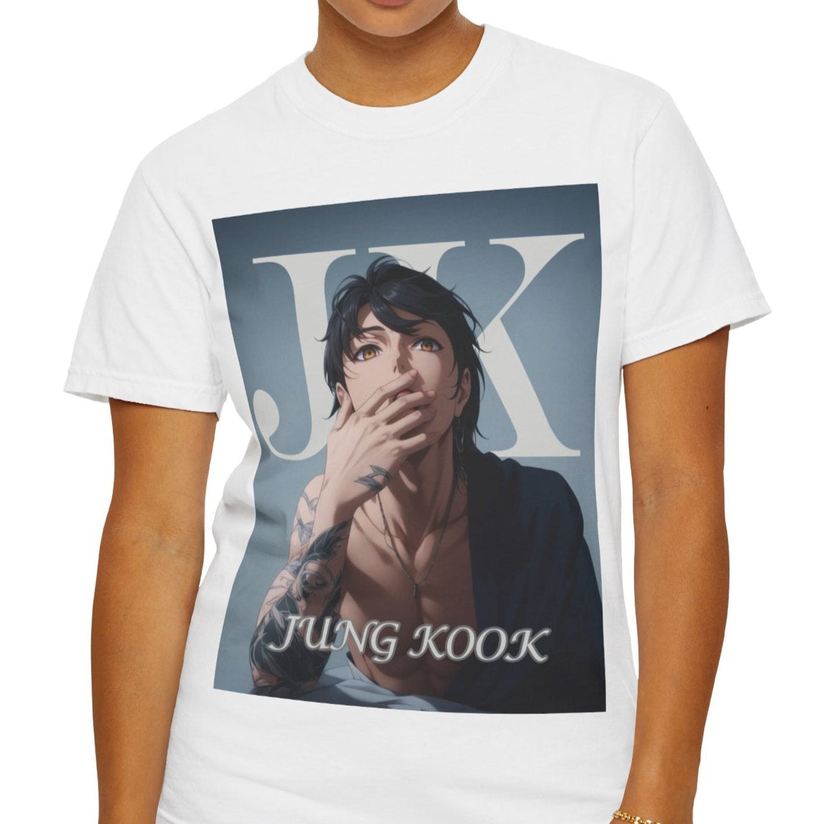 Anime-style unisex T-shirt in white, featuring Jungkook, blending K-pop stage presence with anime aesthetics. The design captures his intense gaze, flowing hair, and striking composition, creating a fusion of two beloved art forms. Printed on soft, breathable Airlume cotton for comfort and style. ModeK Vetements.