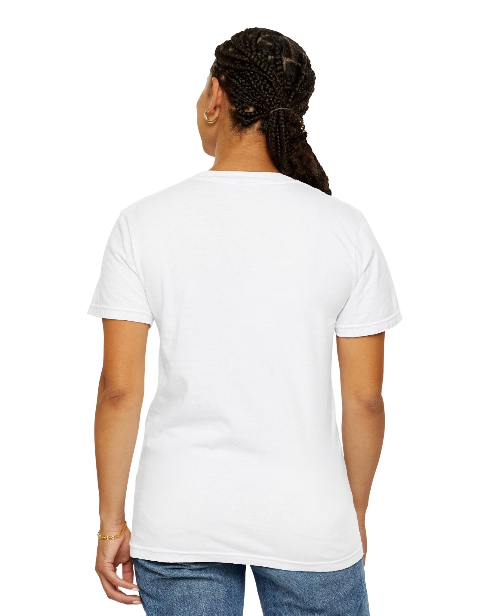 Back of the Lee Know SKZ unisex T-shirt in white, with a bold double-exposure design in teal and tangerine tones. Features layered portraits and soft cotton fabric. ModeK Vetements.