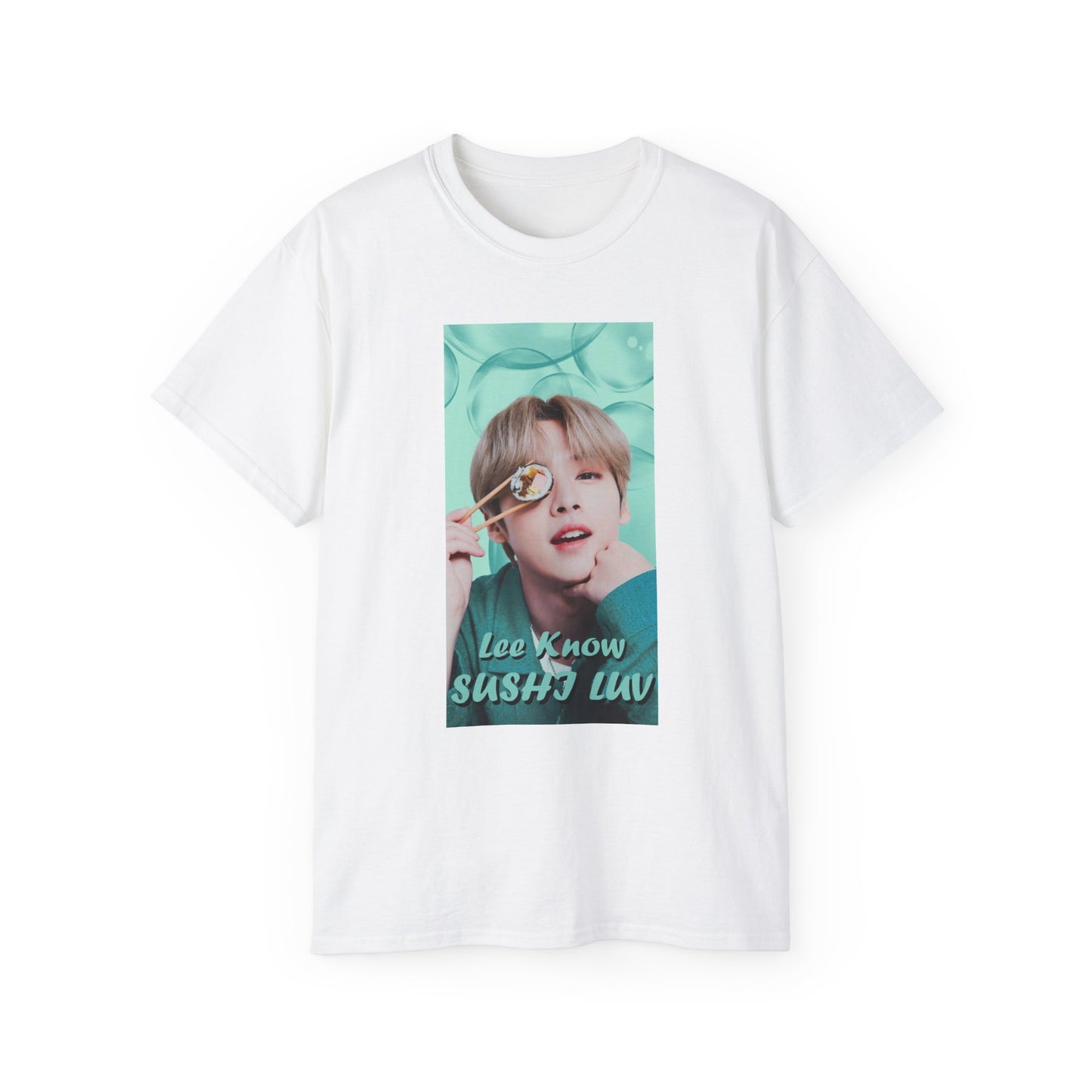 Flat Lee Know Stray Kids Unisex T-Shirt in white, featuring a playful design with him holding sushi near his eye. The soft mint-green aesthetic enhances his charming and mischievous vibe. Printed on a high-quality cotton tee, available in XS-5XL. ModeK Vetements.