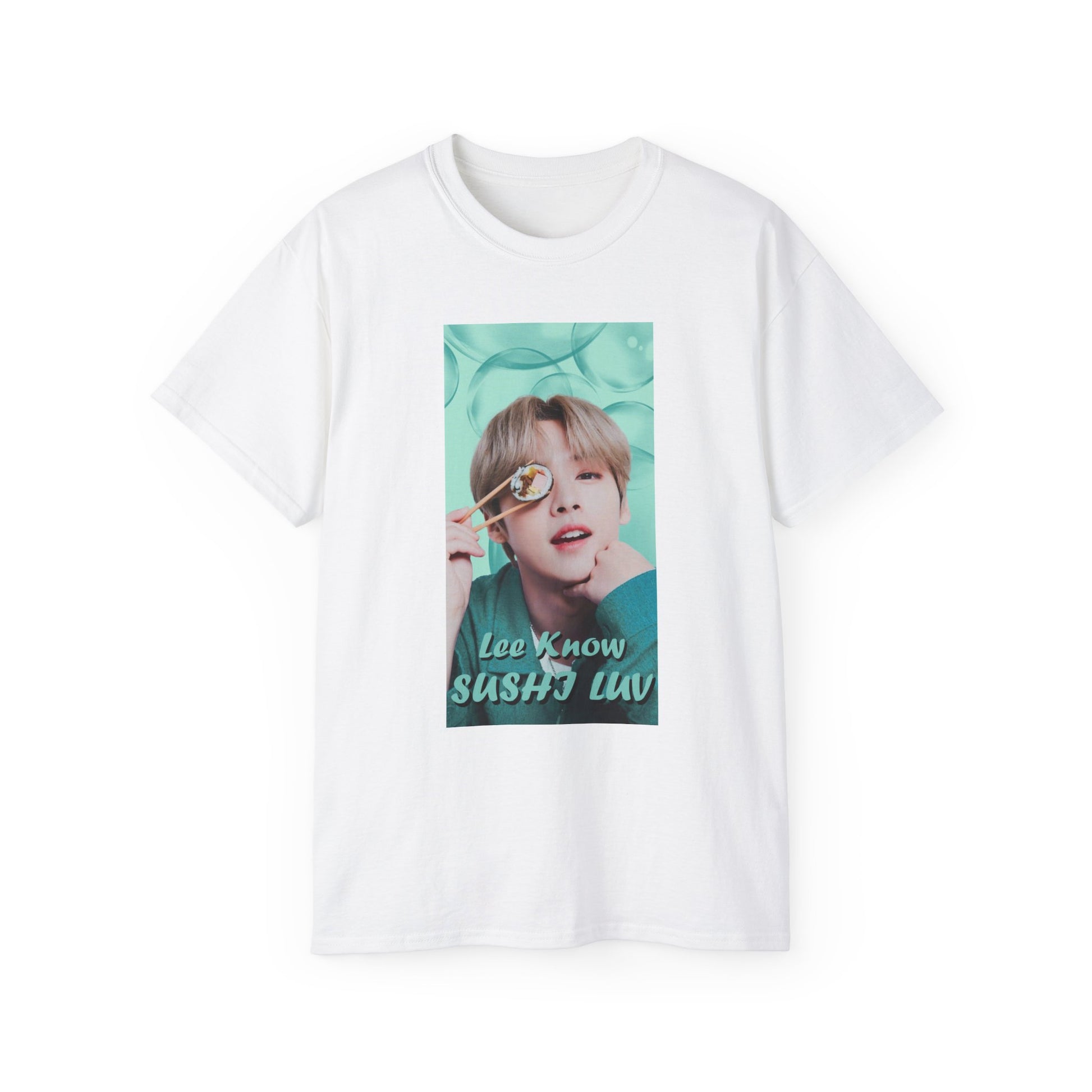 Flat Lee Know Stray Kids Unisex T-Shirt in white, featuring a playful design with him holding sushi near his eye. The soft mint-green aesthetic enhances his charming and mischievous vibe. Printed on a high-quality cotton tee, available in XS-5XL. ModeK Vetements.