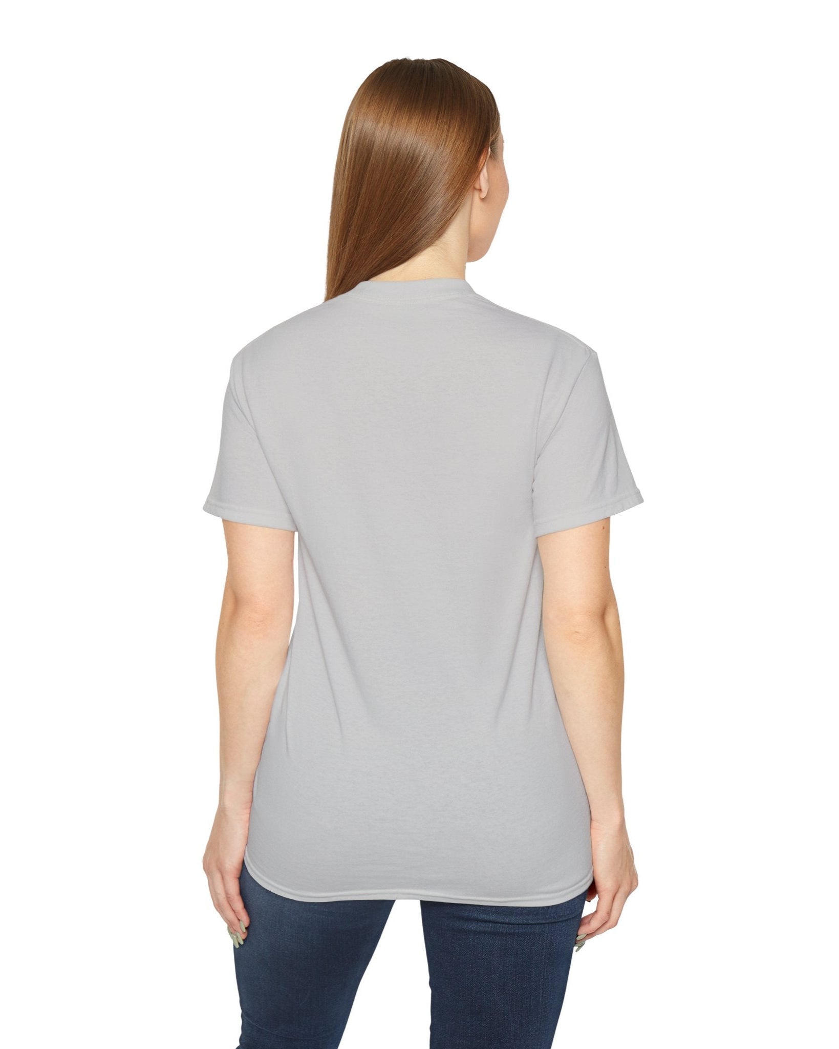 Back of the Mingi ATEEZ T-shirt in ice grey, featuring a glitch anaglyph design in turquoise and carmine red with scan lines, showing a bold portrait with a piercing gaze and rebellious rings. From ModeK Vetements.