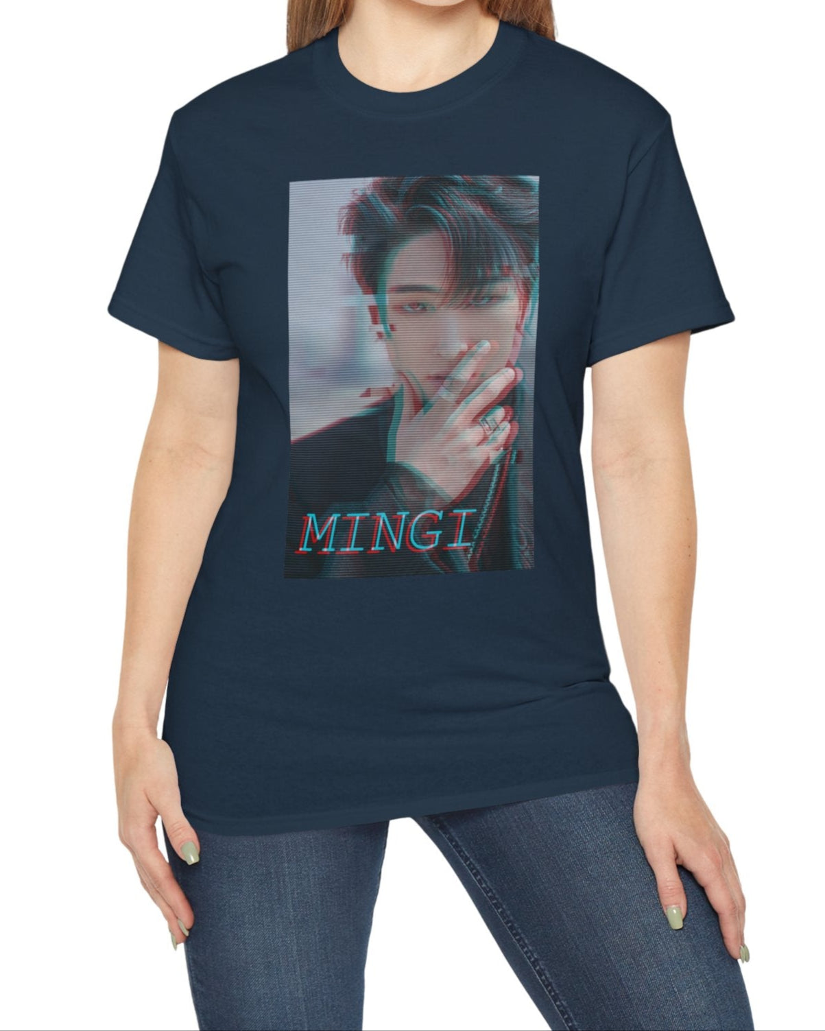 Mingi ATEEZ T-shirt in blue dusk, featuring a glitch anaglyph design in turquoise and carmine red with scan lines, showing a bold portrait with a piercing gaze and rebellious rings. From ModeK Vetements.