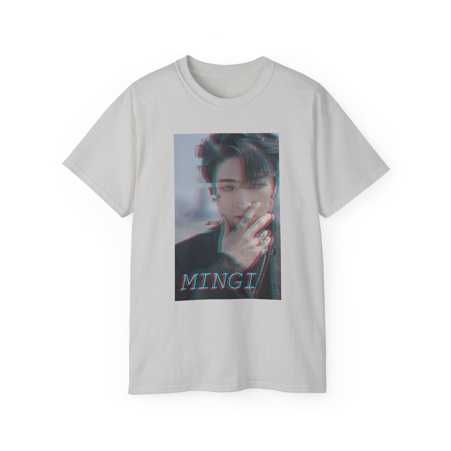 Draped Mingi ATEEZ T-shirt in ice grey, featuring a glitch anaglyph design in turquoise and carmine red with scan lines, showing a bold portrait with a piercing gaze and rebellious rings. From ModeK Vetements.