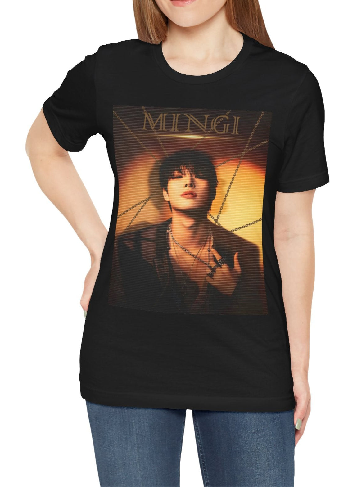 Mingi ATEEZ unisex T-shirt in black, featuring a striking golden-hour portrait with a scan line effect. The warm sunset tones, layered chains, and bold typography enhance the dramatic, high-contrast aesthetic. Made from 100% Airlume cotton for a soft, breathable fit. From ModeKVetements.