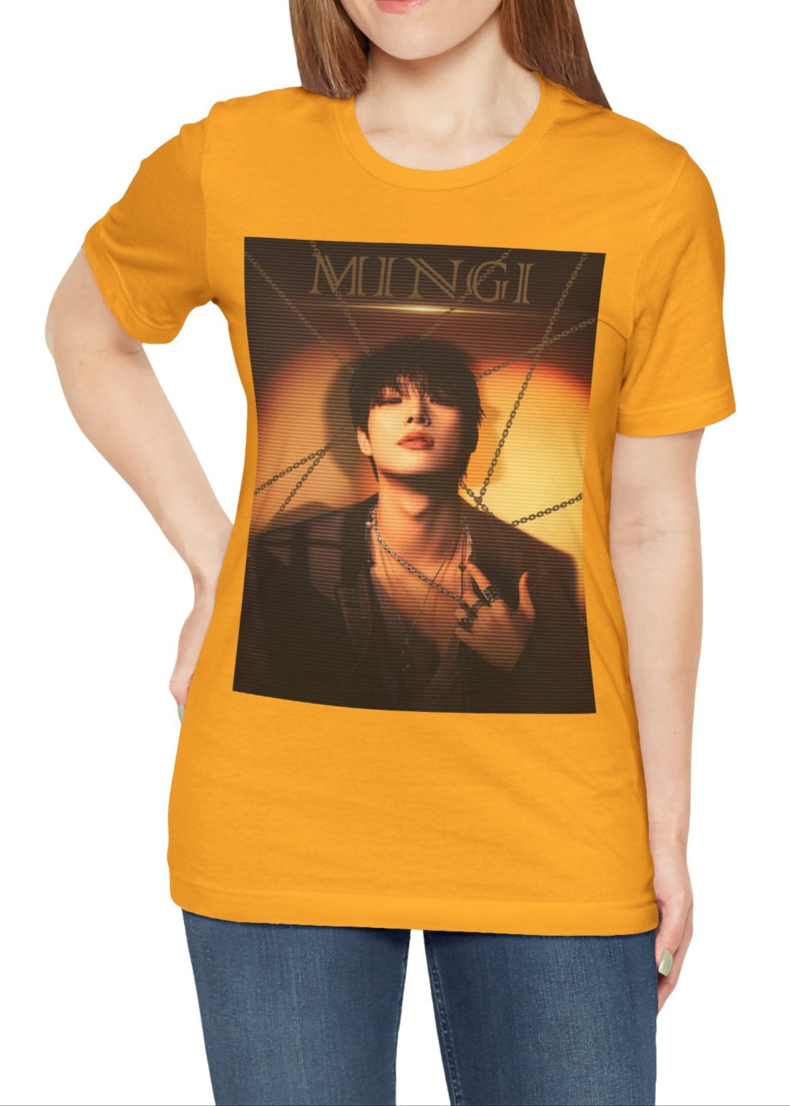 Mingi ATEEZ unisex T-shirt in gold, featuring a striking golden-hour portrait with a scan line effect. The warm sunset tones, layered chains, and bold typography enhance the dramatic, high-contrast aesthetic. Made from 100% Airlume cotton for a soft, breathable fit. From ModeKVetements.