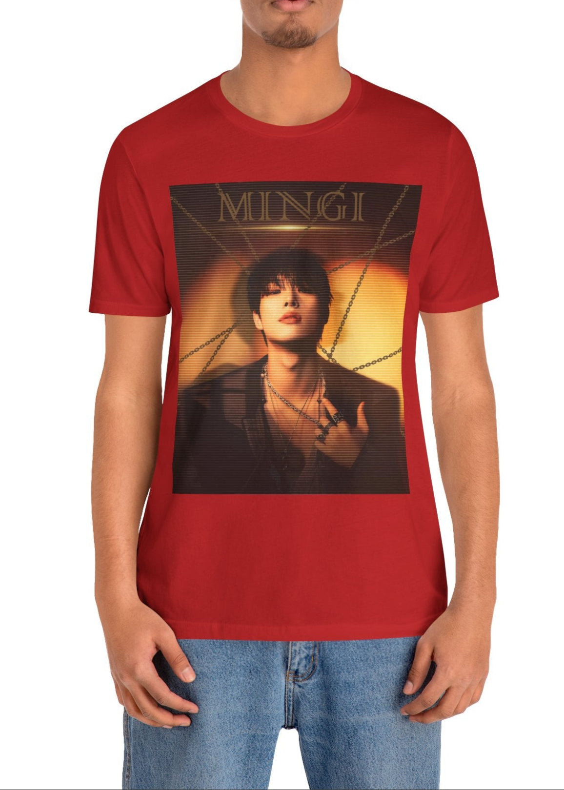 Mingi ATEEZ unisex T-shirt in red, featuring a striking golden-hour portrait with a scan line effect. The warm sunset tones, layered chains, and bold typography enhance the dramatic, high-contrast aesthetic. Made from 100% Airlume cotton for a soft, breathable fit. From ModeKVetements.