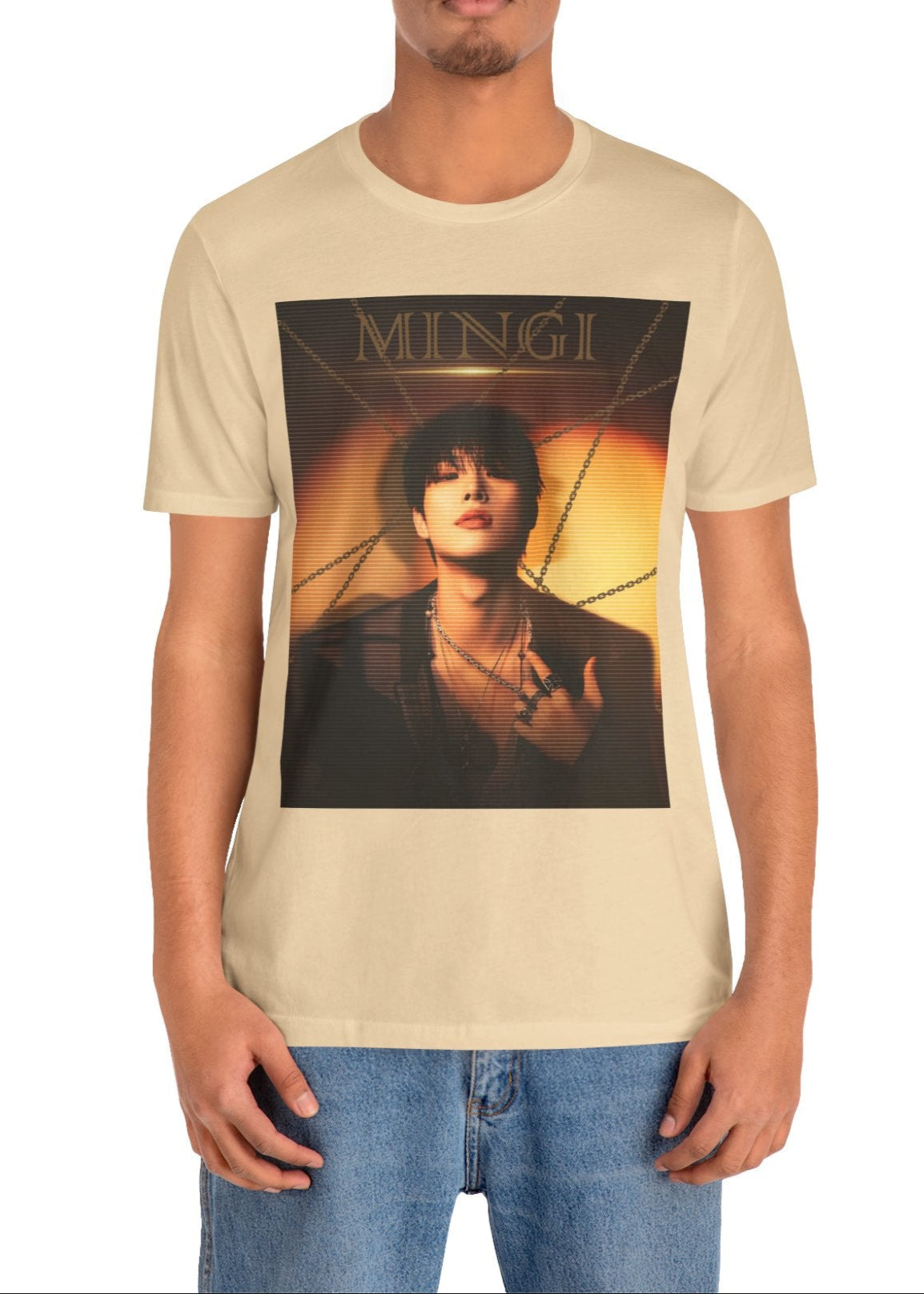 Mingi ATEEZ unisex T-shirt in soft cream, featuring a striking golden-hour portrait with a scan line effect. The warm sunset tones, layered chains, and bold typography enhance the dramatic, high-contrast aesthetic. Made from 100% Airlume cotton for a soft, breathable fit. From ModeKVetements.