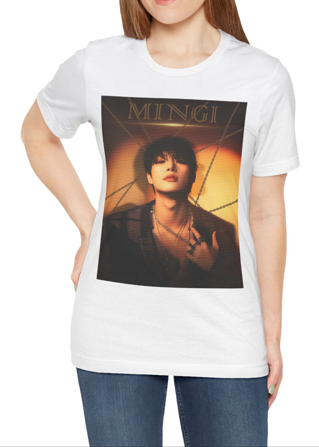 Mingi ATEEZ unisex T-shirt in white, featuring a striking golden-hour portrait with a scan line effect. The warm sunset tones, layered chains, and bold typography enhance the dramatic, high-contrast aesthetic. Made from 100% Airlume cotton for a soft, breathable fit. From ModeKVetements.