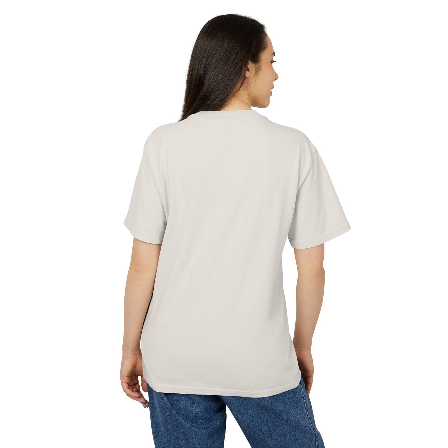 Baclk of the Unisex boxy T-Shirt in faded bone, featuring a high-contrast graphic portrait of Mingi from the group ATEEZ, overlaid with a dense, wavy halftone moiré pattern. A fine black-and-white grid structure ripples across the image, distorting Mingi’s dark attire to create a powerful three-dimensional optical illusion of digital interference and textured depth. 100% carded cotton from ModeK Vetements.