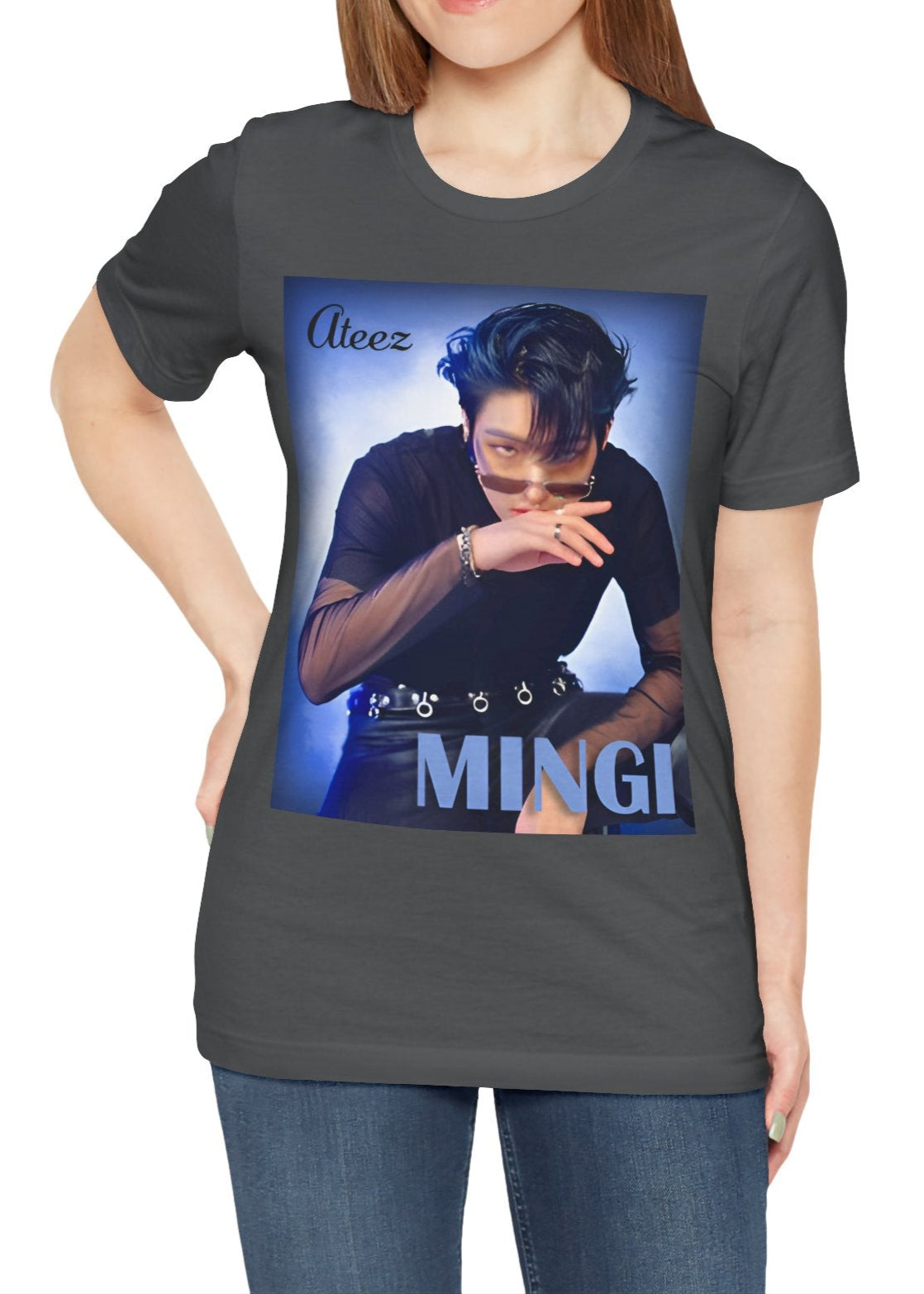 Mingi ATEEZ Unisex T-Shirt in asphalt, featuring a striking portrait of Mingi with a deep blue haze, sheer sleeves, and bold accessories. A statement of charisma and edge. ModeK Vetements.