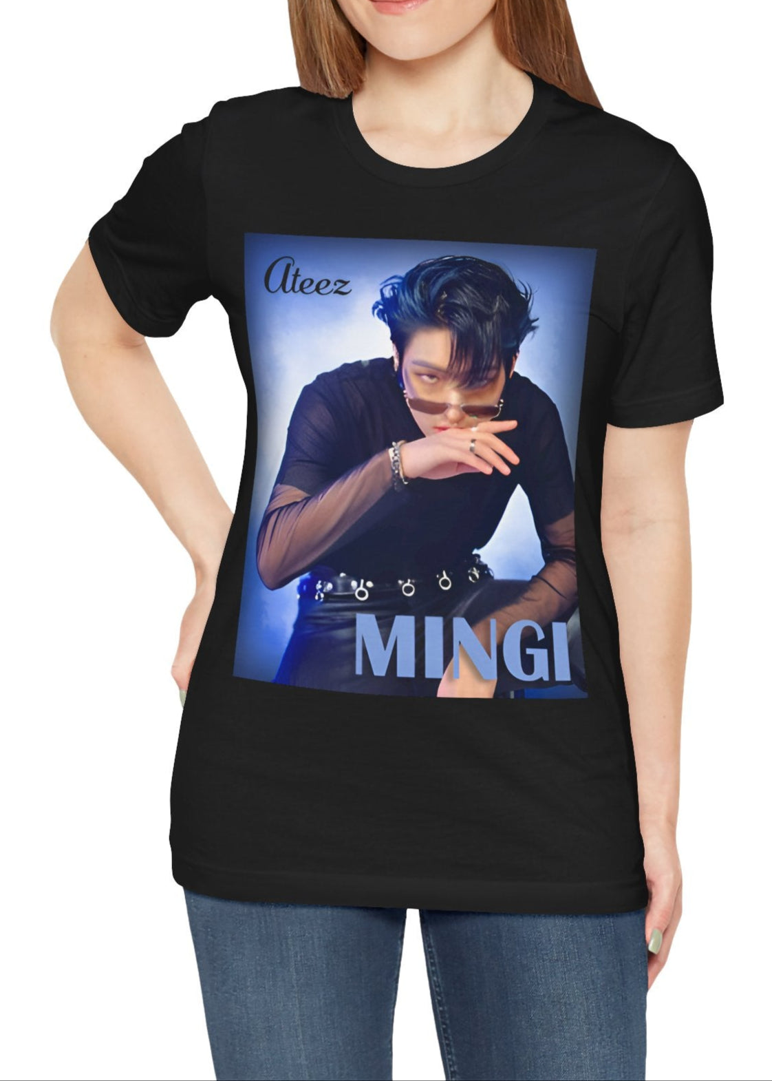 Mingi ATEEZ Unisex T-Shirt in black, featuring a striking portrait of Mingi with a deep blue haze, sheer sleeves, and bold accessories. A statement of charisma and edge. ModeK Vetements.