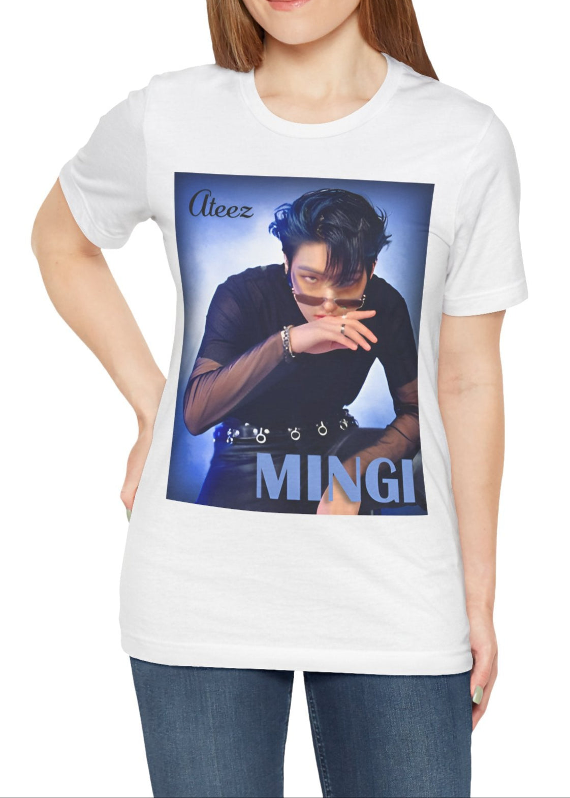 Mingi ATEEZ Unisex T-Shirt in white, featuring a striking portrait of Mingi with a deep blue haze, sheer sleeves, and bold accessories. A statement of charisma and edge. ModeK Vetements.