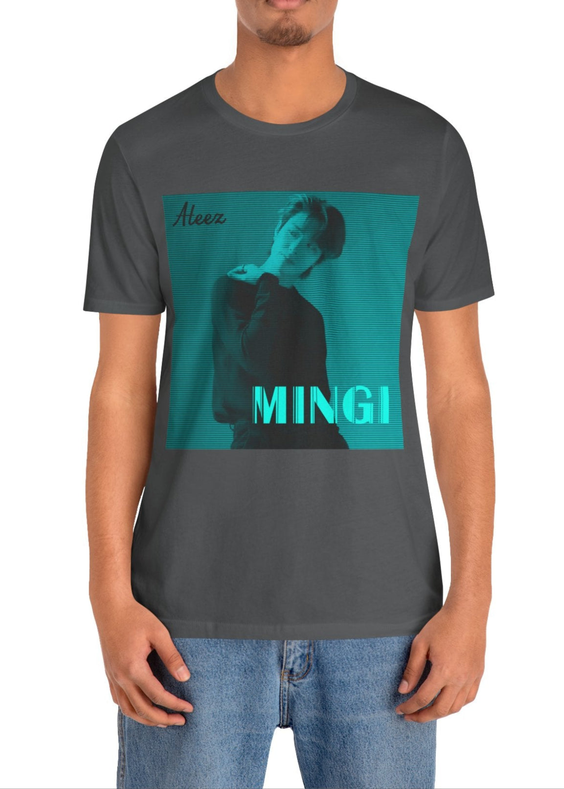 Mingi ATEEZ Unisex T-Shirt in asphalt, featuring a teal cyber glow effect with a digital scan line aesthetic. A bold and futuristic K-pop fashion statement.