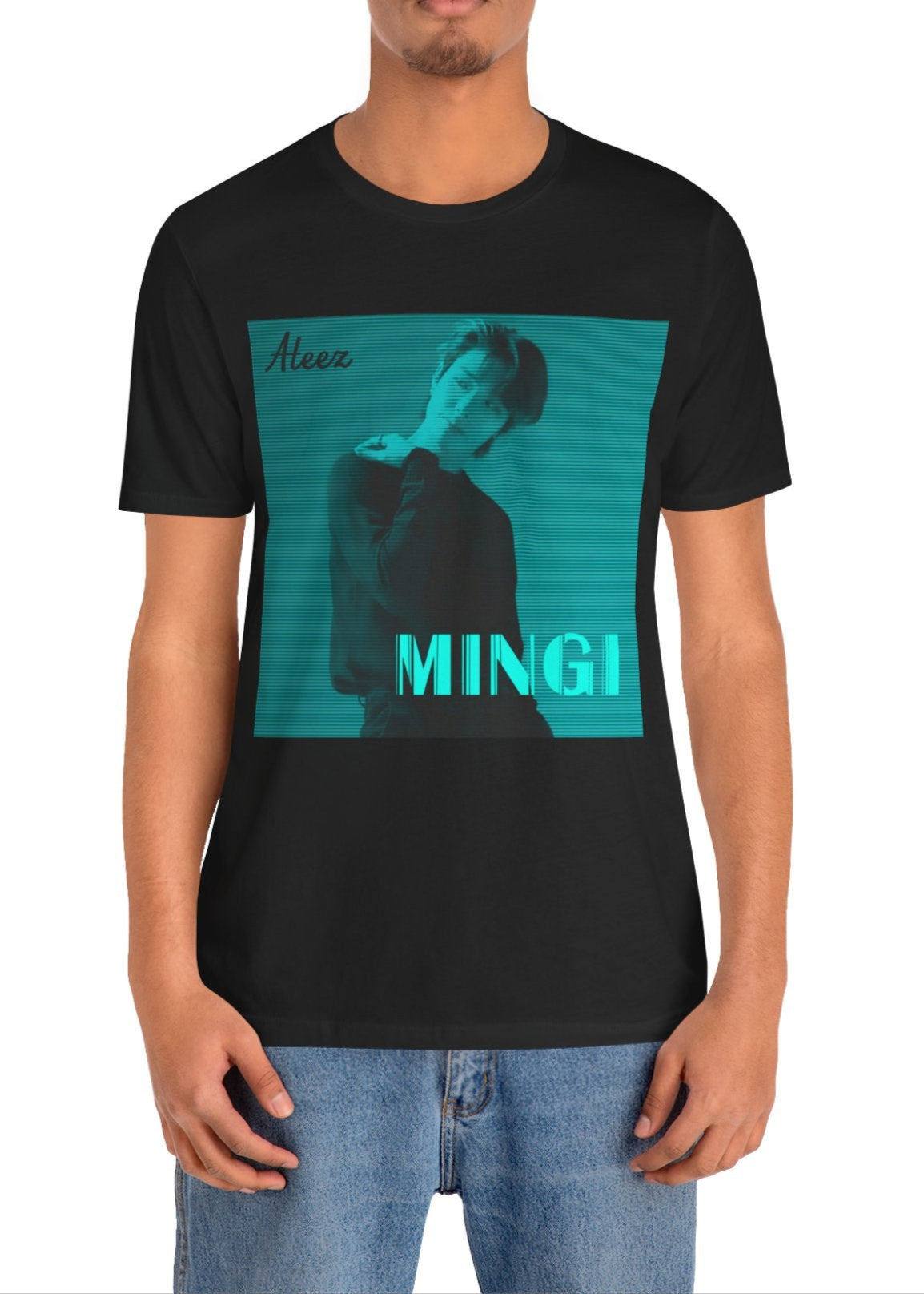 Mingi ATEEZ Unisex T-Shirt in black, featuring a teal cyber glow effect with a digital scan line aesthetic. A bold and futuristic K-pop fashion statement.