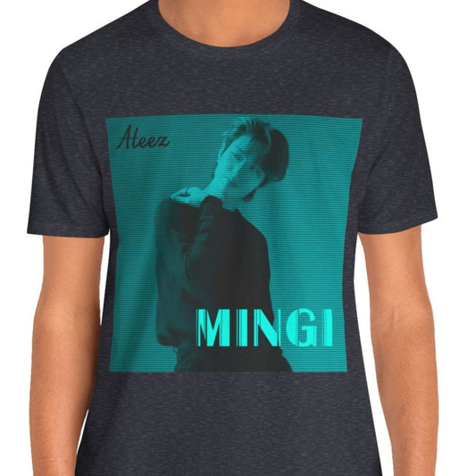 Mingi ATEEZ Unisex T-Shirt in heather navy, featuring a teal cyber glow effect with a digital scan line aesthetic. A bold and futuristic K-pop fashion statement.