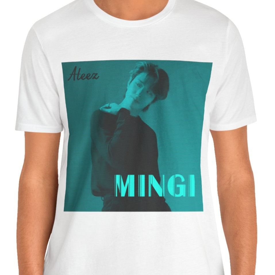 Mingi ATEEZ Unisex T-Shirt in white, featuring a teal cyber glow effect with a digital scan line aesthetic. A bold and futuristic K-pop fashion statement.