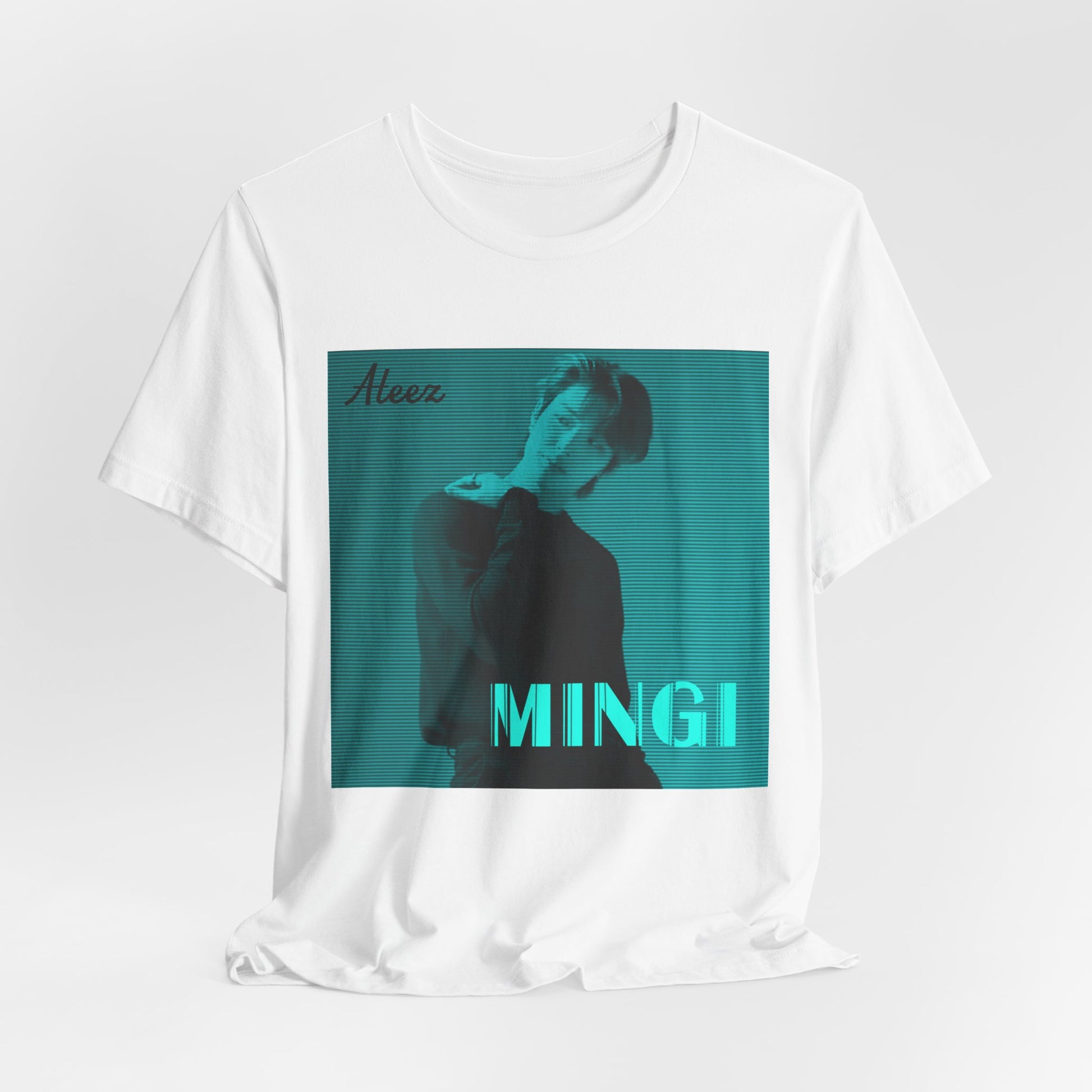 Mingi ATEEZ Unisex T-Shirt draped for a relaxed look. Showcasing a futuristic teal digital aesthetic with a cyber glow and scan line effect, perfect for K-pop fans.