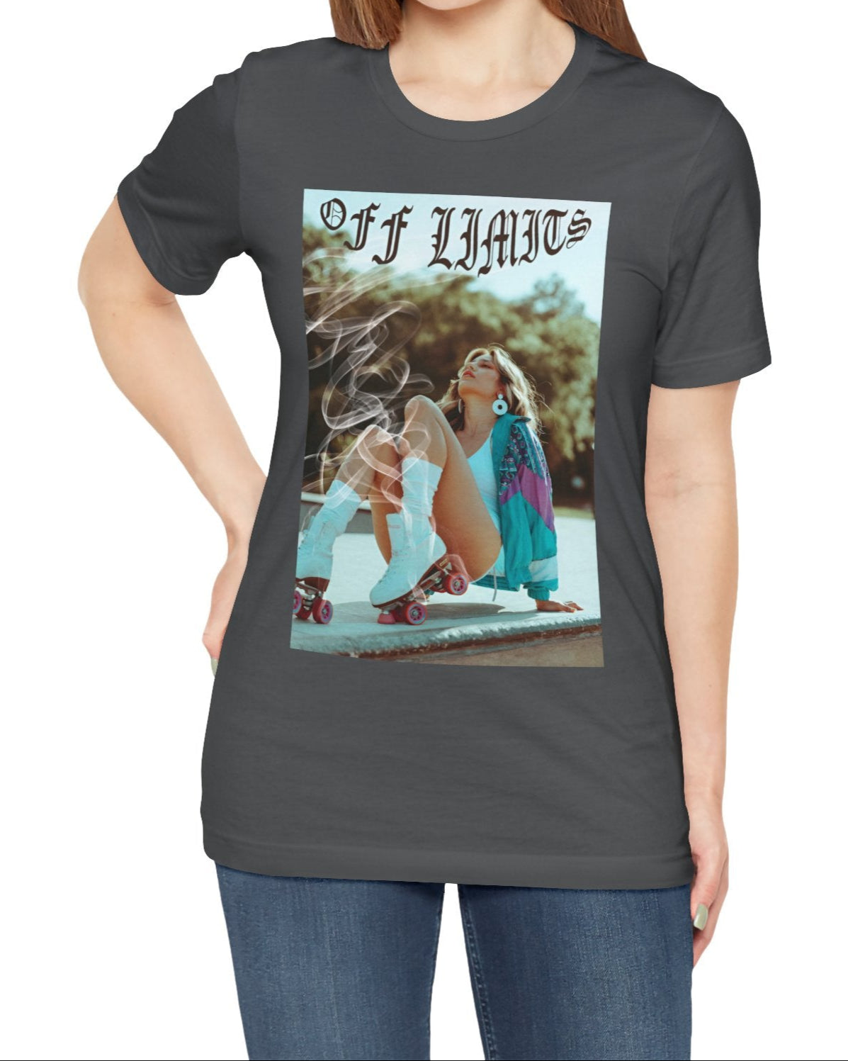 Unisex airlume cotton t-shirt in asphalt, featuring a woman in retro rollerblades with smoke rising from the wheels, resting confidently beneath "Off Limits" in bold gothic font - a statement of freedom and attitude. From ModeK Vetements.