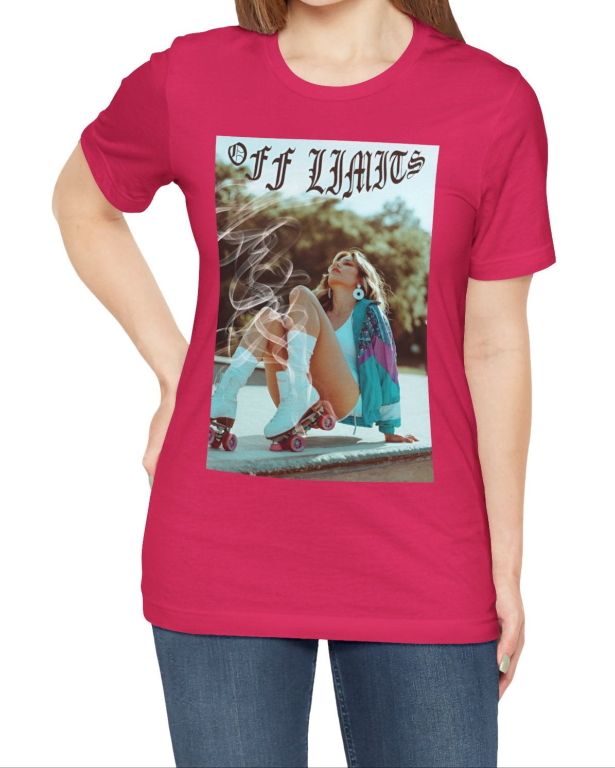 Unisex airlume cotton t-shirt in fuchsia, featuring a woman in retro rollerblades with smoke rising from the wheels, resting confidently beneath "Off Limits" in bold gothic font - a statement of freedom and attitude. From ModeK Vetements.