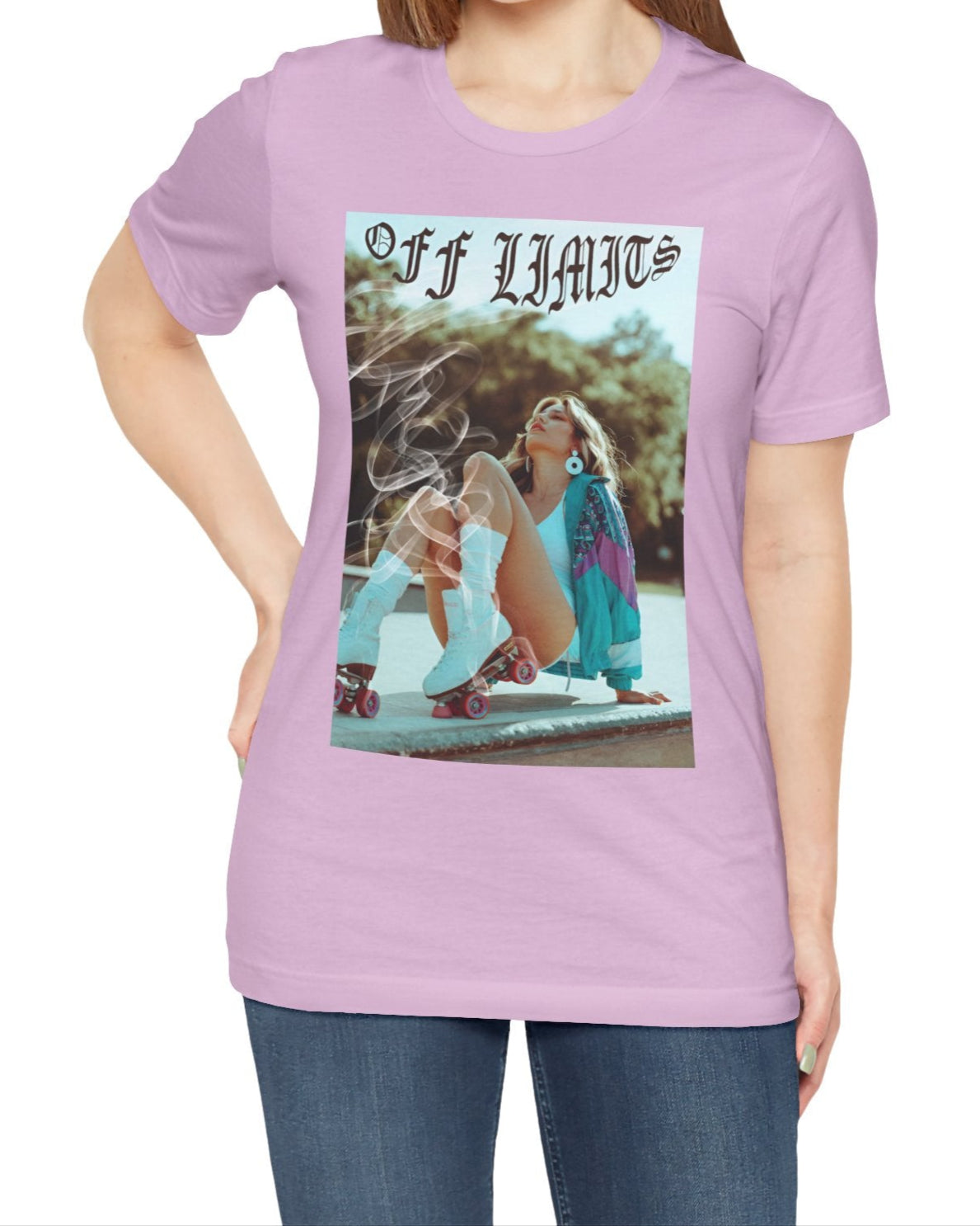 Unisex airlume cotton t-shirt in lilac, featuring a woman in retro rollerblades with smoke rising from the wheels, resting confidently beneath "Off Limits" in bold gothic font - a statement of freedom and attitude. From ModeK Vetements.