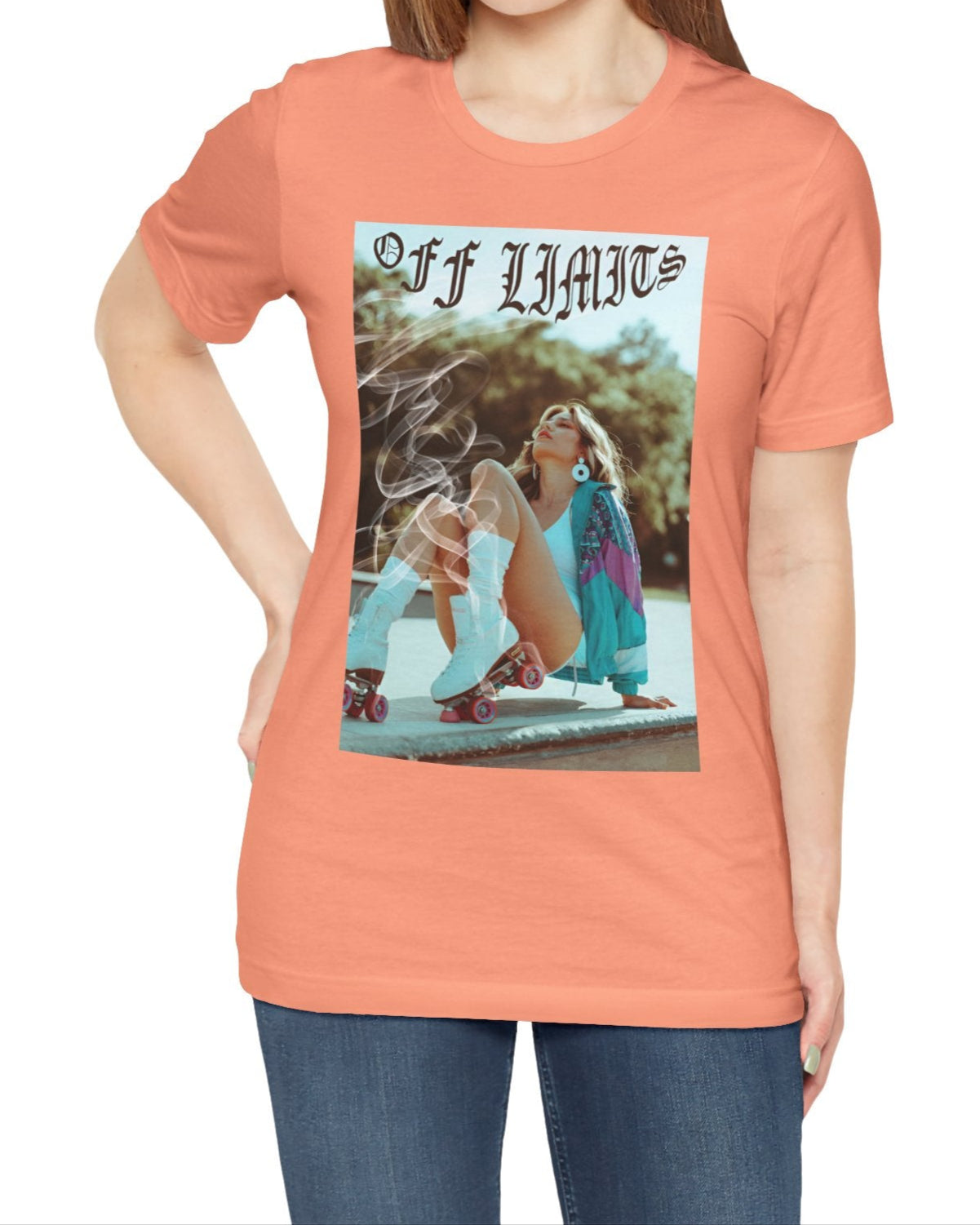 Unisex airlume cotton t-shirt in sunset, featuring a woman in retro rollerblades with smoke rising from the wheels, resting confidently beneath "Off Limits" in bold gothic font - a statement of freedom and attitude. From ModeK Vetements.