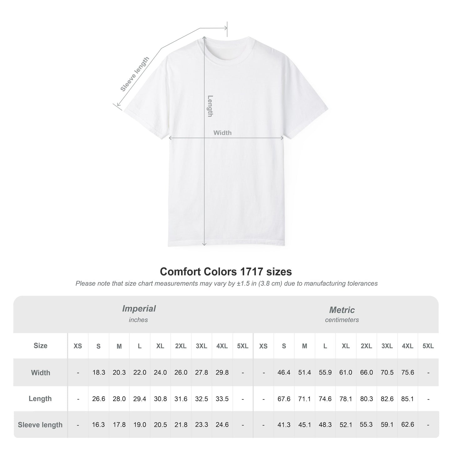 Size chart of the unisex 100% ring-spun cotton t-shirt featuring a graphic design of a woman in tactical camo cargo pants and a white crop top. The size chart describes the measurements of width, length and sleeve length for sizes S to 4XL. From ModeK Vetements.