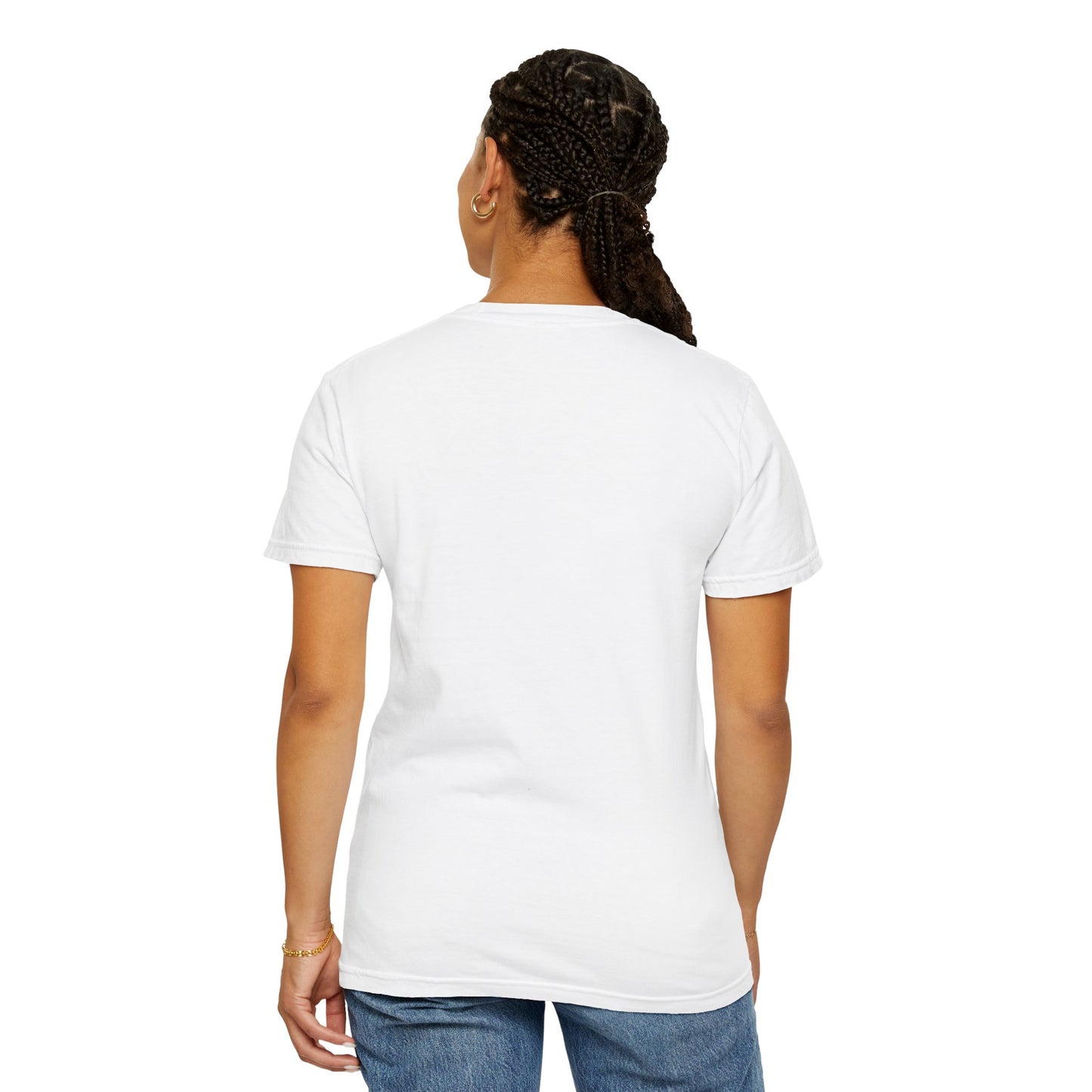 Back of the unisex 100% ring-spun cotton t-shirt in white, featuring a graphic design: a woman in tactical camo cargo pants and a white crop top stands as a sharp anchor against a blurry, cinematic urban background. The design also features a digital dispersion effect and electric blue rays, symbolizing the "Perfect Illusion" where brute force hides a deeper reality of tenderness and beauty. From ModeK Vetements.