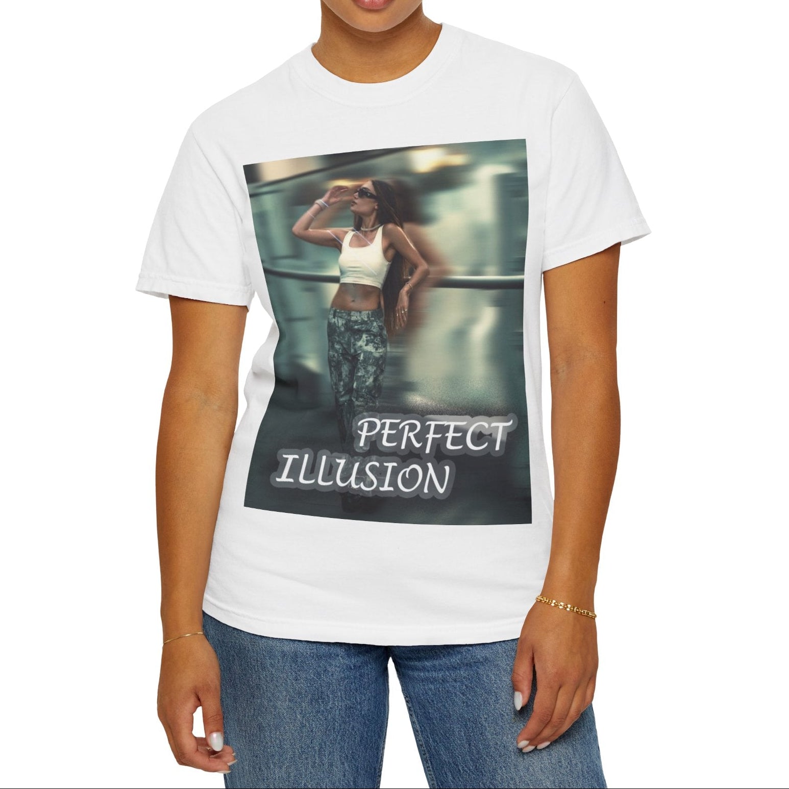 Unisex 100% ring-spun cotton t-shirt in white, featuring a graphic design, where a woman in tactical camo cargo pants and a white crop top stands as a sharp anchor against a blurry, cinematic urban background. The design also features a digital dispersion effect and electric blue rays, symbolizing the "Perfect Illusion" where brute force hides a deeper reality of tenderness and beauty. From ModeK Vetements.