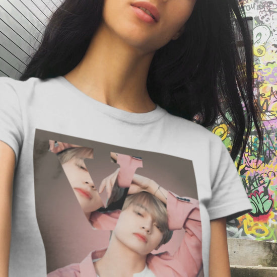 Video showcasing the V BTS Unisex T-Shirt in white – A seamlessly blended design capturing V’s unpredictable, dreamy essence. Aesthetic pink tones enhance his depth and artistic allure. 100% Airlume conbed and ring-spun cotton from ModeK Vetements.