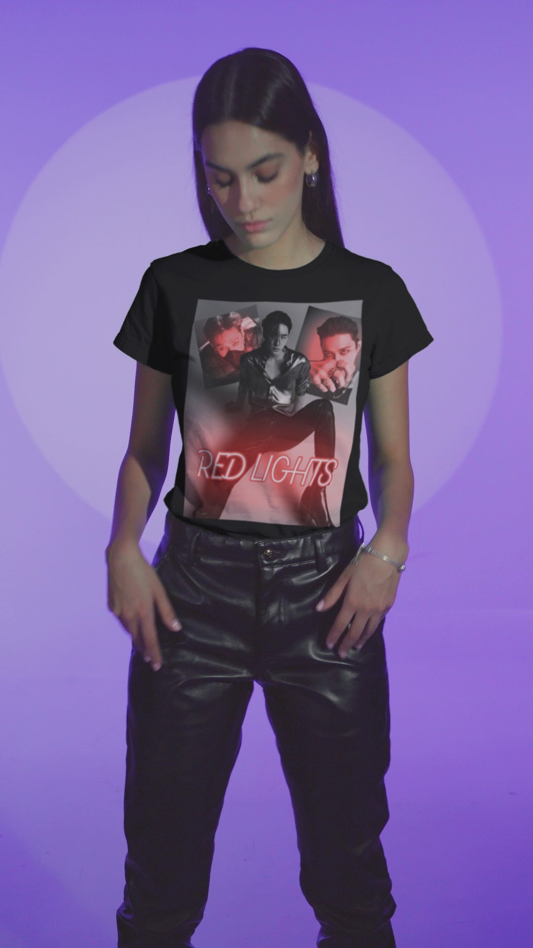 Video showcasing a black-and-white collage of Hyunjin set against a dramatic red neon glow, featured on a unisex t-shirt from 100% Airlume combed and ring-spun cotton. The design captures the sultry and hypnotic energy of his track "Red Lights," with moody lighting and bold composition, making it a statement piece for fans. From ModeK Vetements.