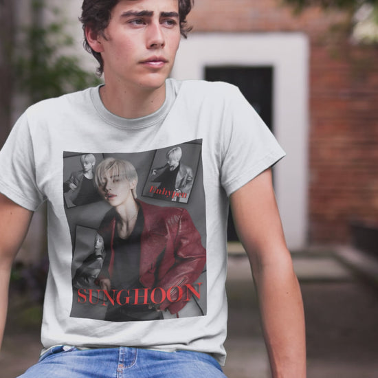Video showcasing a Unisex airlume combed and ring-spun cotton T-shirt in white, featuring Sunghoon of ENHYPEN in a high-fashion monochrome collage. Styled in a red leather jacket, he appears paused mid-glance, framed by cinematic shadows in a Giallo Noir atmosphere. Editorial composition, smooth fabric, soft print finish. From ModeK Vetements.