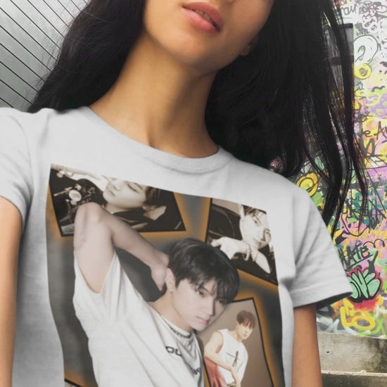 Video showcasing a Unisex T-shirt in white, from 100% Airlume combed and ring-spun cotton, featuring Jay of ENHYPEN layered into a golden moodboard of light, shadow, and black-and-white pictures. From ModeK Vetements.