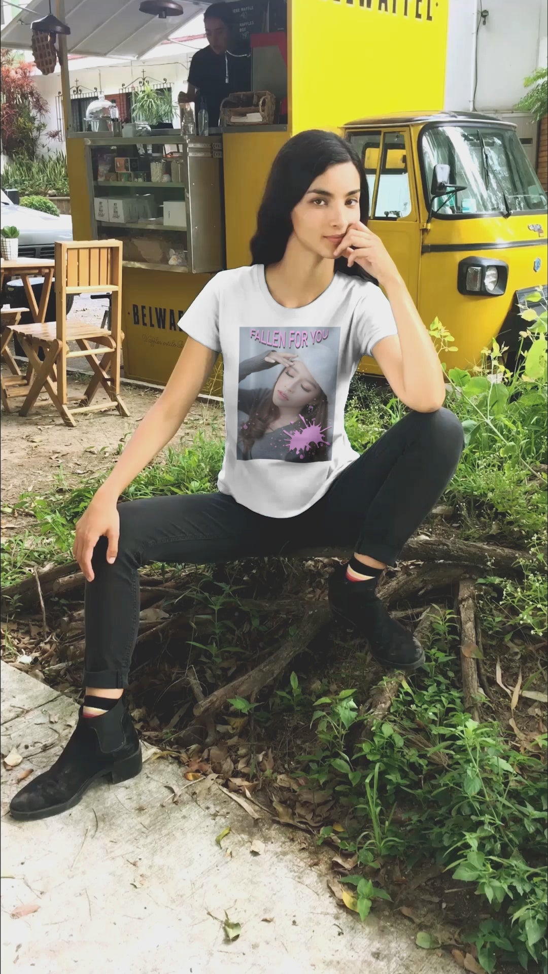 Unisex T-shirt featuring a dreamy photo of a woman with closed eyes, a soft expression, and a pink paint splash over her chest. The words “FALLEN FOR YOU” appear in bold pink lettering at the top. ModeK Vetements.