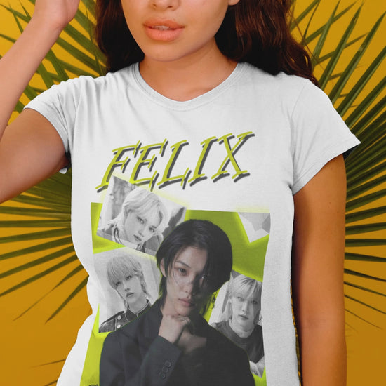 Video showcasing the Felix Lee Stray Kids unisex t-shirt in white, featuring a vibrant lime cocktail green background, with a central color portrait of Felix surrounded by black-and-white snapshots with glowing semi-transparent borders and a bold “FELIX” headline in shadowed lettering. From ModeKVetements.