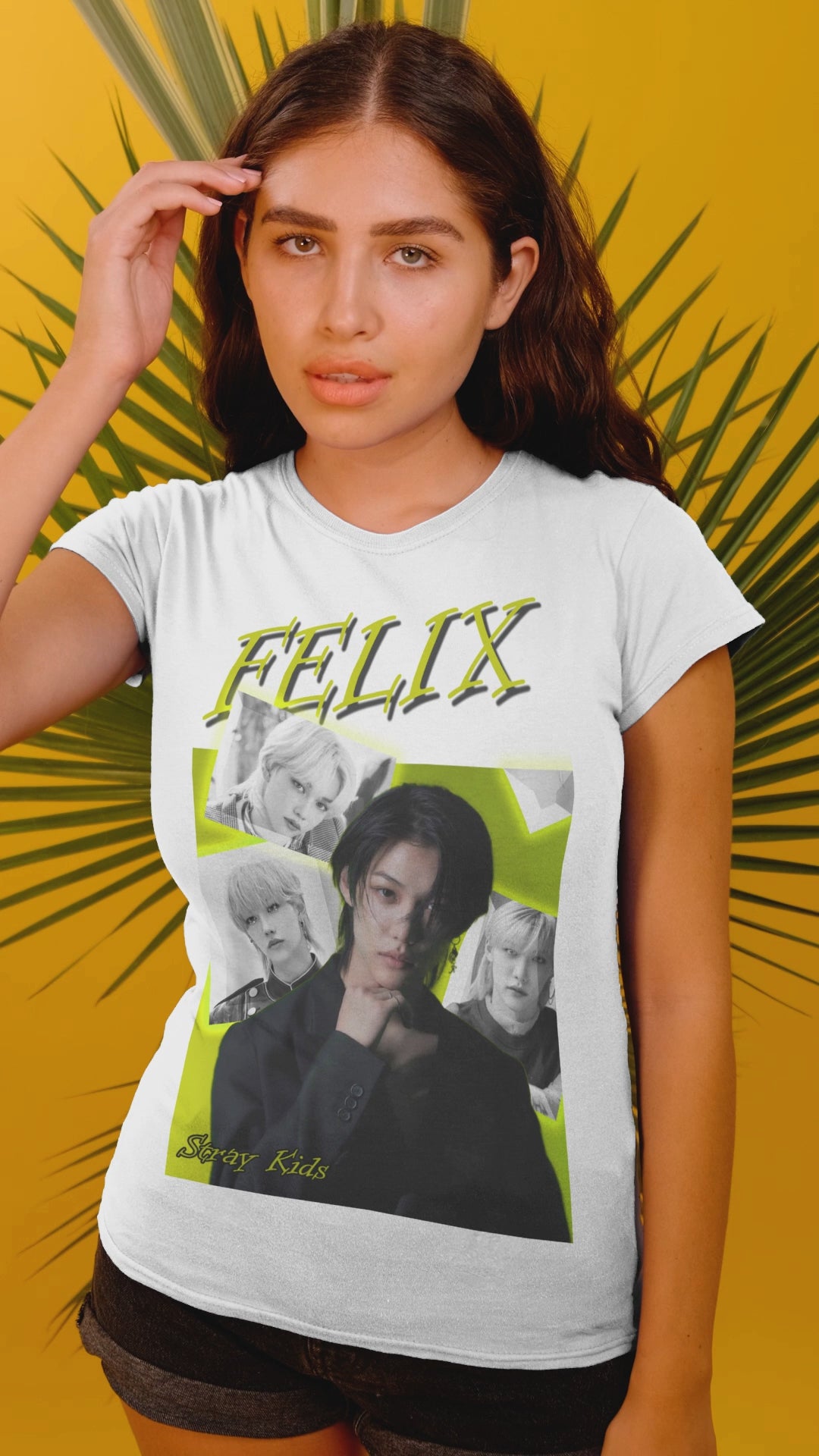Video showcasing the Felix Lee Stray Kids unisex t-shirt in white, featuring a vibrant lime cocktail green background, with a central color portrait of Felix surrounded by black-and-white snapshots with glowing semi-transparent borders and a bold “FELIX” headline in shadowed lettering. From ModeKVetements.