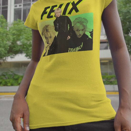 Video showcasing Felix Stray Kids Unisex T-Shirt featuring a neon green rebellious, enigmatic design with bold typography. Modek Vetements.