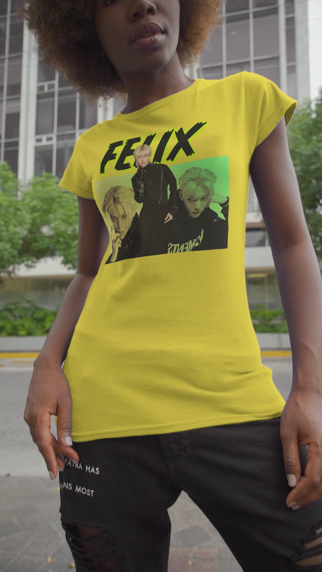 Video showcasing Felix Stray Kids Unisex T-Shirt featuring a neon green rebellious, enigmatic design with bold typography. Modek Vetements.