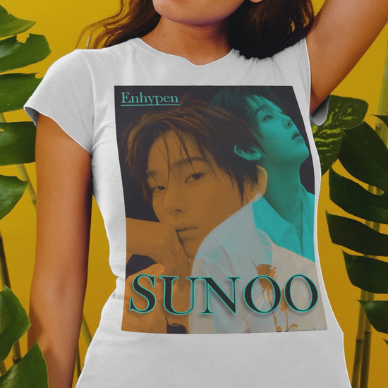 Video showcasing the Unisex Airlume combed and ring-spun cotton T-shirt in white, featuring a translucent overlay effect of Sunoo of Enhypen in Mango Tango and Tropical Rain Forest hues for a dreamlike, ethereal mood. From ModeK Vetements.