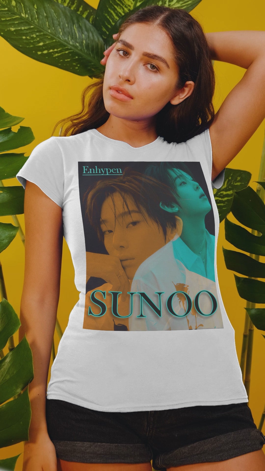 Video showcasing the Unisex Airlume combed and ring-spun cotton T-shirt in white, featuring a translucent overlay effect of Sunoo of Enhypen in Mango Tango and Tropical Rain Forest hues for a dreamlike, ethereal mood. From ModeK Vetements.