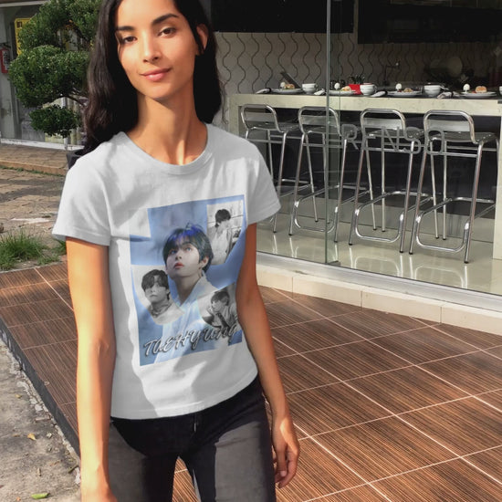 Video showcasing V BTS Unisex T-Shirt featuring an ethereal collage of Taehyung, blending nostalgia and luminescence. A tribute to his visionary spirit and endless dreams. ModeK Vetements.