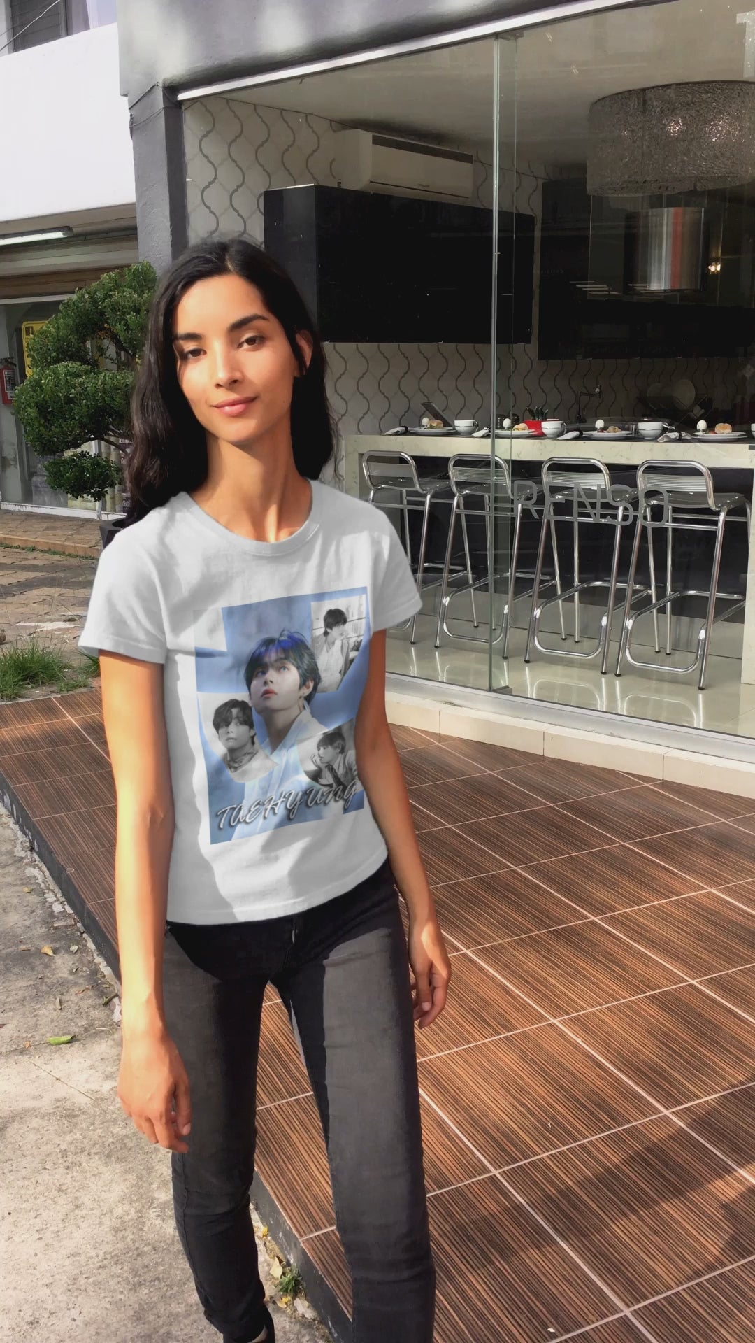 Video showcasing V BTS Unisex T-Shirt featuring an ethereal collage of Taehyung, blending nostalgia and luminescence. A tribute to his visionary spirit and endless dreams. ModeK Vetements.