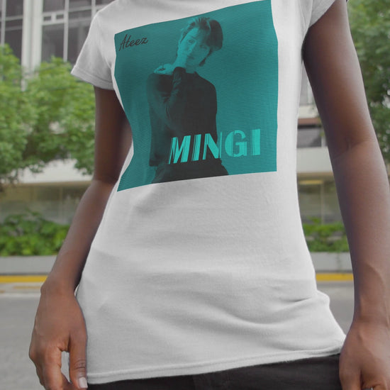 Video showcasing Mingi ATEEZ Unisex T-Shirt featuring a teal cyber glow effect with a digital scan line aesthetic. A bold and futuristic K-pop fashion statement. ModeK Vetements.