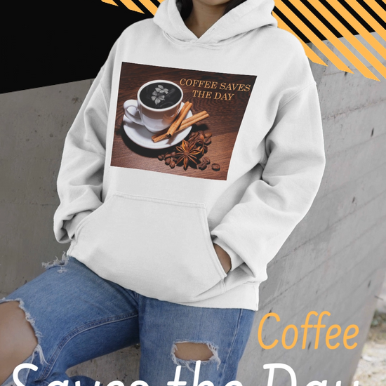 Video showcasing the Unisex hoodie in white, with front graphic showing a white porcelain coffee cup surrounded by cinnamon sticks, star anise, and coffee beans, with a dark foam surface blooming into a subtle flower shape. 100% organic, combed and ring-spun cotton from ModeK Vetements.