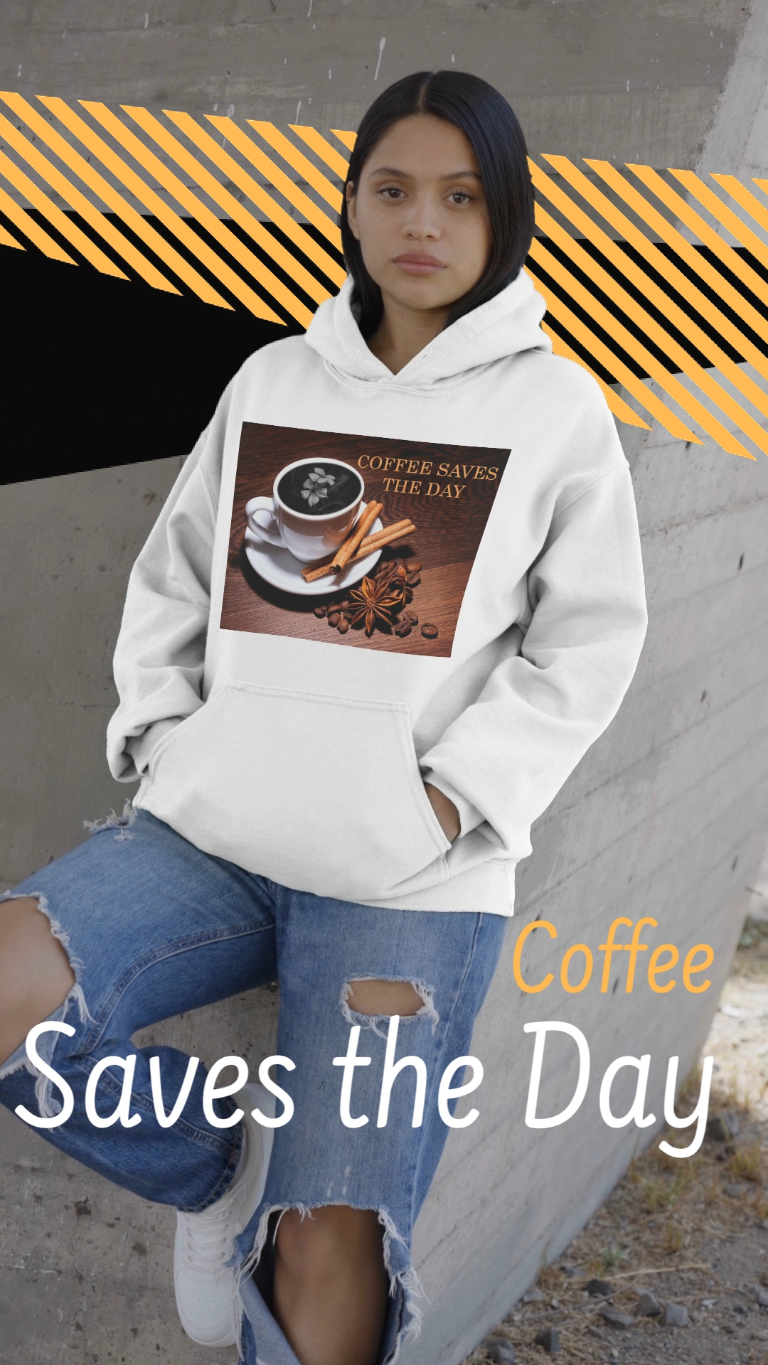 Video showcasing the Unisex hoodie in white, with front graphic showing a white porcelain coffee cup surrounded by cinnamon sticks, star anise, and coffee beans, with a dark foam surface blooming into a subtle flower shape. 100% organic, combed and ring-spun cotton from ModeK Vetements.