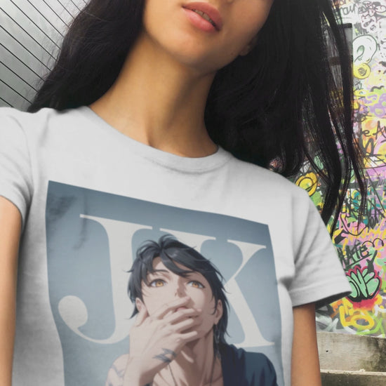 Video showcasing the anime-style unisex T-shirt, featuring Jungkook, blending K-pop stage presence with anime aesthetics. The design captures his intense gaze, flowing hair, and striking composition, creating a fusion of two beloved art forms. Printed on soft, breathable Airlume cotton for comfort and style. ModeK Vetements.