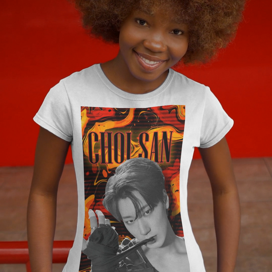 Video showcasing the Unisex airlume cotton t-shirt in white, featuring a Monochrome portrait of Choi San of ATEEZ biting a wrap, surrounded by glitch effects and a swirling Fire Engine Red and Gold Drop background. Red glowing text adds heat to the surreal, seductive atmosphere. From ModeK Vetements.